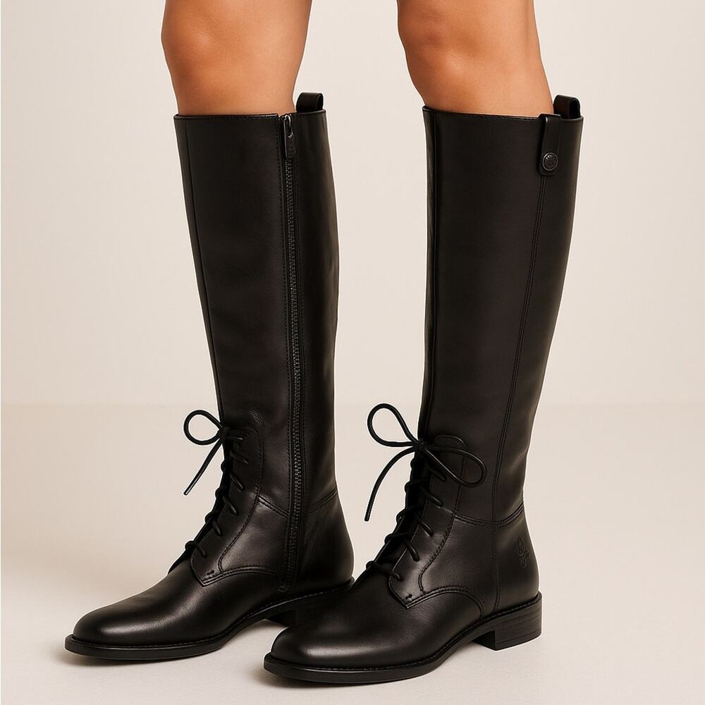NWT Patricia Nash Tall Black Leather Riding Boots Lace Up & Zip Women 6.5 Sample